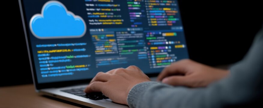 Innovative programmer coding on a desktop with diverse languages highlighting cloud computing and agile development.