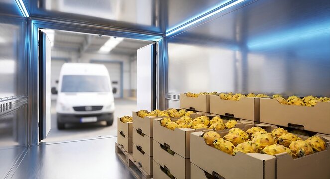 Yellow Dragon Fruit Storage in Refrigerated Warehouse Before Export Delivery