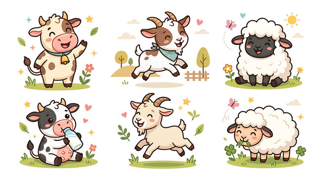 Adorable collection of happy cartoon farm animals, featuring cute cows, playful goats, and charming sheep, perfect for children's designs and agricultural themes
