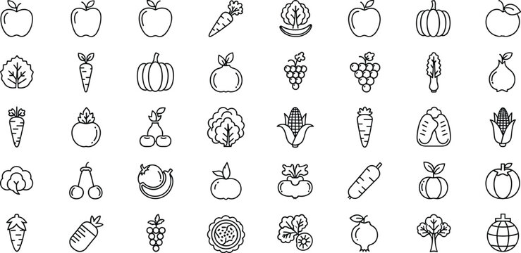 Minimalistic Hand-Drawn Fruit and Vegetable Icons Set Featuring Apples, Carrots, Pumpkins, Grapes, and More for Organic, Healthy Food, and Gardening Designs
