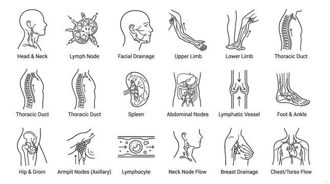 Medical Illustrations of Human Anatomy: A comprehensive set of line drawings illustrating various parts of the human body and their biological systems, including head and neck, lymph nodes, spleen.