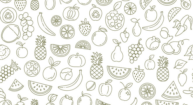 Seamless Fruit Line Art Pattern with Minimalist Outlines for Organic Food Packaging and Eco Friendly Branding Concepts