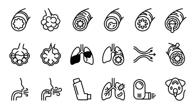Lung Health Icons: A set of line art icons illustrating respiratory system anatomy, lung conditions, and medical devices for treating breathing difficulties.