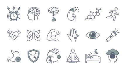 Obraz premium Collection of Health and Science Icons: An array of clean, minimalist icons representing various aspects of human physiology, health, and scientific concepts, including sleep, stress, brain function.