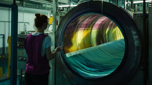 Worker monitoring a dyeing machine in a factory checking the fabric as it moves through a large drum filled with color showcasing the careful attention needed in textile dyeing operations