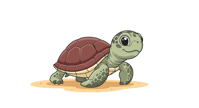 Vector illustration of a tiny baby sea turtle hatchling crawling across a textured sandy beach toward the ocean, featuring detailed shell patterns and small flipper marks in the sand.
