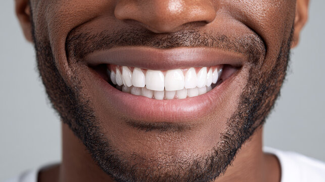 Dental Health Innovation Concept , Bright smile white teeth facial hair close up healthy gums male lips cheerful expression