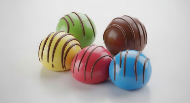 Assortment of colorful gourmet chocolate truffles arranged on a white background.
