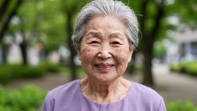 Close Up of a happy smiling 60-70 years senior Asian woman looking at camera with warm emotions. Smiling Japanese elderly lady, Happy retirement time, Cute granny face outdoors.
