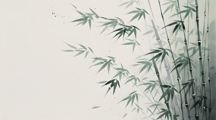 Fototapeta premium Traditional Ink Painting of Bamboo Leaves with Soft Motion, Subtle Colors and Peaceful Mood