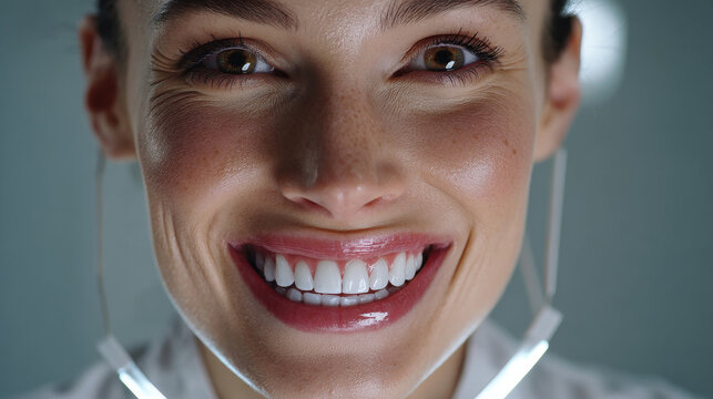 Dental Health Innovation Concept , Bright smile close up showing healthy teeth and natural skin with freckles and earrings