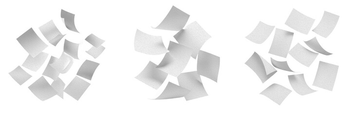 Flying blank white paper sheets falling in the air isolated on white background for business...