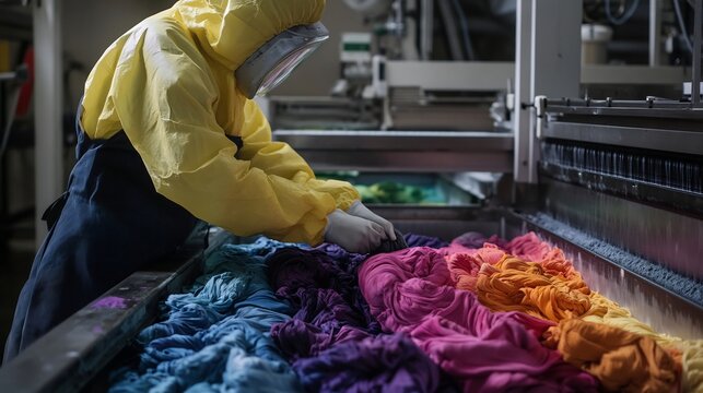 Worker wearing protective gear operating industrial dyeing machine with fabrics being dyed in various shades illustrating the importance of safety and careful handling in industrial dyeing operations