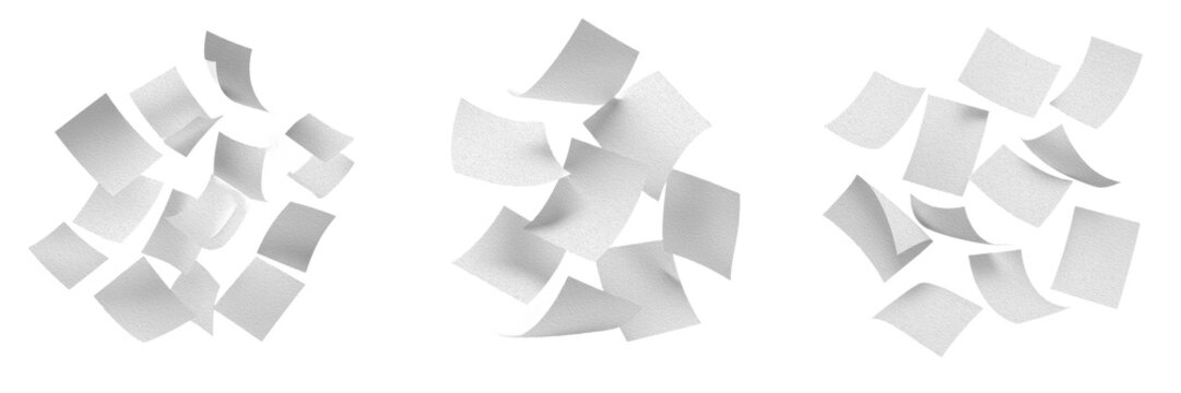 Flying blank white paper sheets falling in the air isolated on white background for business document and office concept visualization as seen in image