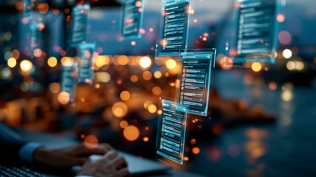 Futuristic AI digital document management concept for cargo shipping, showing virtual electronic bill of lading files and automated tracking checklists overlaid on a logistics port scene,