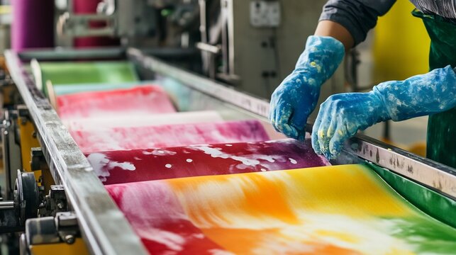 Worker wearing protective gear operating industrial dyeing machine with fabrics being dyed in various shades illustrating the importance of safety and careful handling in industrial dyeing operations