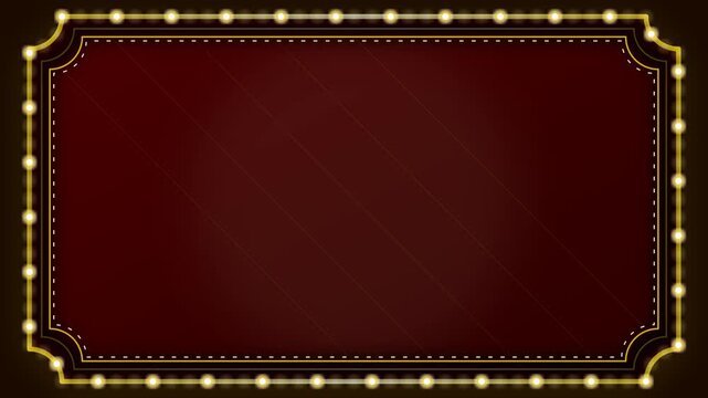 Classic vintage golden ticket carnival marquee frame with flashing bulbs.