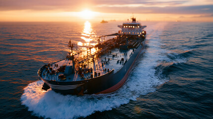 Obraz premium Close aerial drone view of a large crude oil tanker navigating through open sea, the massive vessel representing the global shipping industry, marine energy logistics, and international