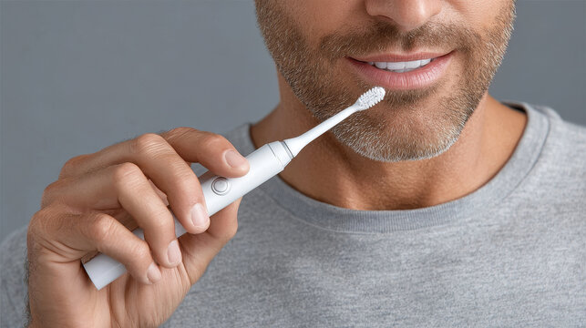 Dental Health Innovation Concept , Electric toothbrush close up with man cleaning teeth for dental care and healthy smile