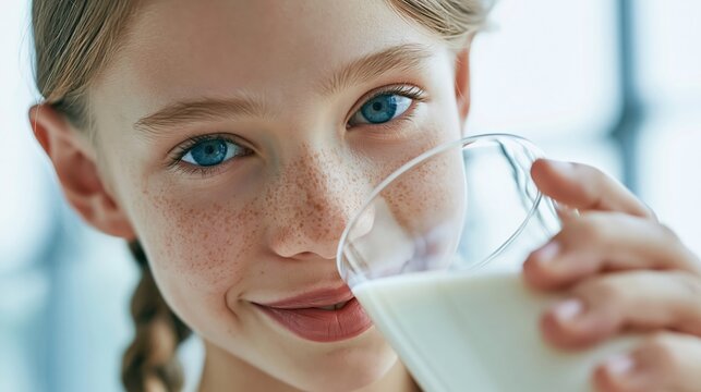 Young girl with freckles drinks milk from a glass, healthy lifestyle concept