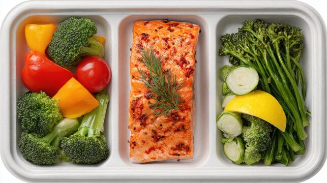Fresh Salmon Fillet Meal prep container with roasted salmon and fresh vegetables including broccoli, bell peppers, cherry tomatoes, lemon, and broccolini.