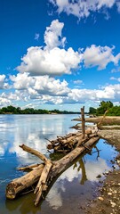 Naklejka premium Logs on serene lake shore landscape.