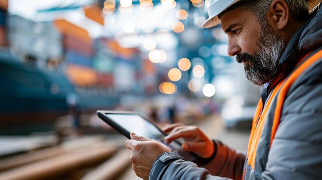Port foreman or logistics supervisor using a digital device to manage and control container loading operations from a cargo freight ship, ensuring efficient import-export logistics