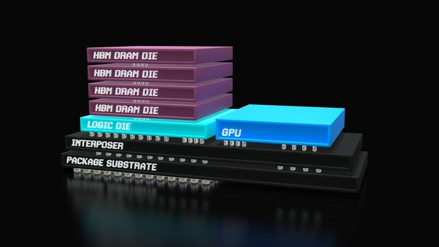 3D Diagram of High Bandwidth Memory HBM Architecture with GPU