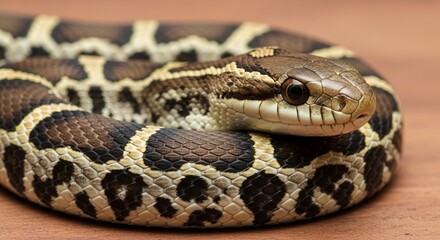 Fototapeta premium Close up portrait of a coiled spotted snake on a wooden surface.