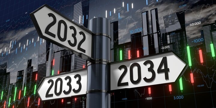 2032, 2033, 2034 - Signpost with Three Arrows - 3D illustration