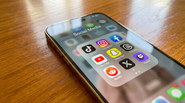 iPhone Home Screen Showing Instagram, WhatsApp, Twitter and Apps on Wood Surface