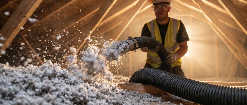 Male construction worker in safety gear installing blown-in cellulose insulation in a residential attic using a hose