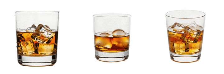 Glasses of whiskey with ice cubes isolated on white background highball glass with alcoholic beverage for menu design and bar advertising as seen in image © B@kle