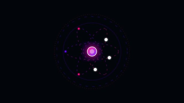 Highly dynamic cyber quantum atom core pulsing with plasma pink and indigo energy orbits.