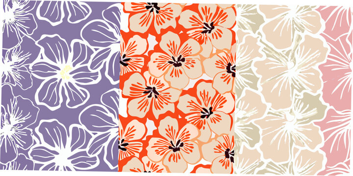 Floral hibiscus patterns three variations in pastel colors