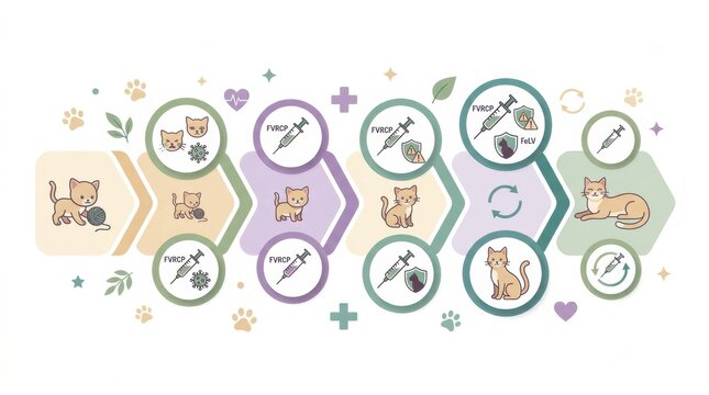 This infographic illustrates the vaccination schedule for cats, outlining key vaccines, their timing, and additional health tips for pet owners.