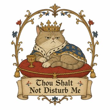 A grumpy royal cat resting in complete judgment and refusing all interaction. Featuring medieval-inspired details, dramatic royal energy, and the universal mood of wanting absolutely nobody to bother 