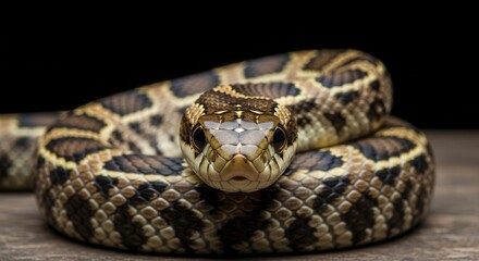 Obraz premium Close up portrait of a dangerous rattlesnake coiled on wood.