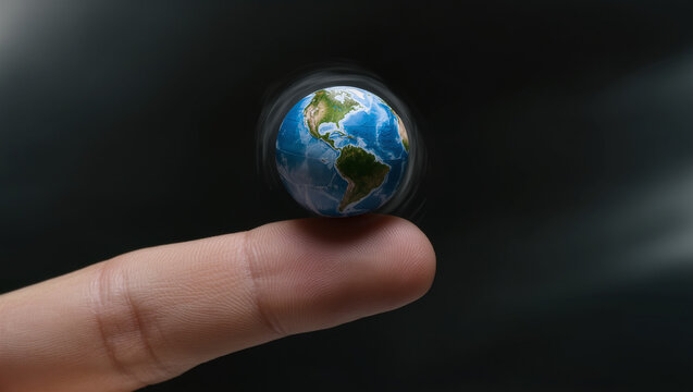 Earth Globe Spinning on Human Fingertip, World Power Concept Surreal Scale Fantasy
