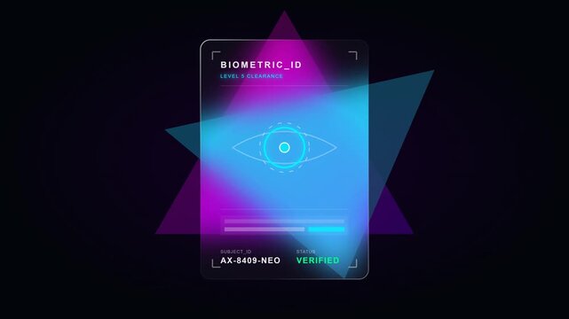 Highly advanced glassmorphism biometric security ID badge featuring a glowing holographic retina scanner and frosted glass overlays.