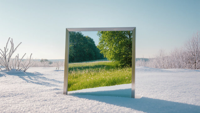 Mirror Reflecting Different Season Summer Winter Surreal, Time Nature Concept Fantasy
