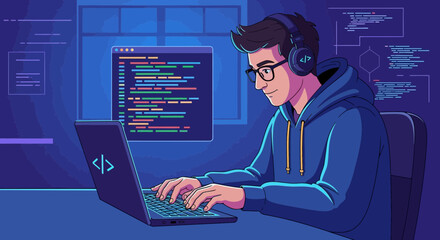 Fototapeta premium Programmer at Laptop Typing Code, Headphones On, Coding Abstract Background