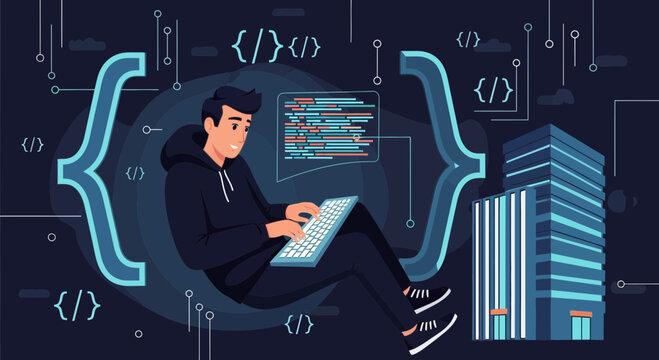Programmer Coding Laptop Surrounding Code Symbols Beside Building
