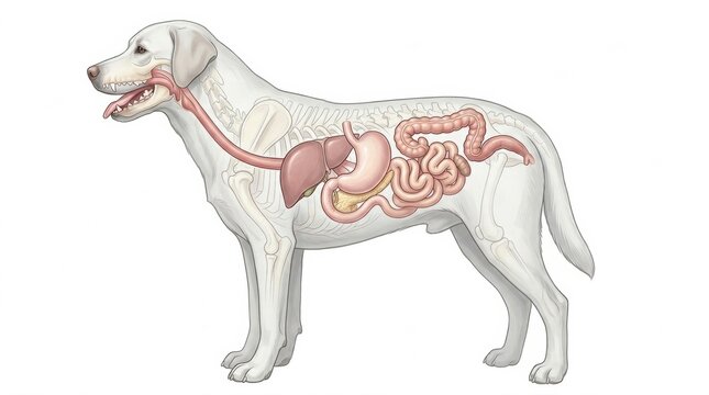 Illustration presents a dogs digestive system with labels for educational purposes in veterinary anatomy and pet health knowledge