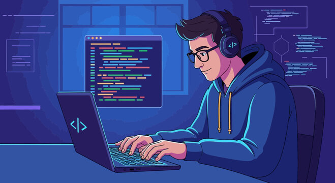 Programmer at Laptop Typing Code, Headphones On, Coding Abstract Background