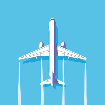 Airplane flying in the sky. Travel and vacation time. Vector illustration in a minimalistic style.