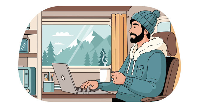Man working on laptop, holding coffee cup, looking at mountain landscape from train window