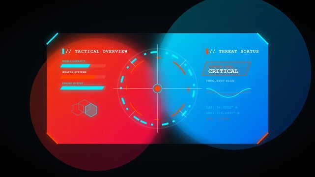 Angular cyberpunk glassmorphism tactical HUD featuring an octagonal chamfered glass window, a glowing radial targeting reticle, animated threat systems.