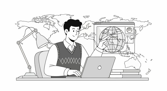 Man working on laptop with globe and world map background, online learning, global business