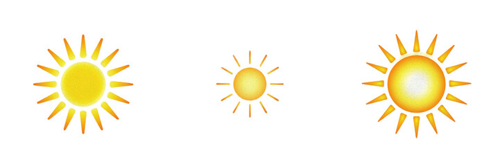 Fototapeta premium Bright stylized sun icons with varying sizes and radiant yellow rays isolated on white background for weather, climate, and creative graphic design projects as captured in image